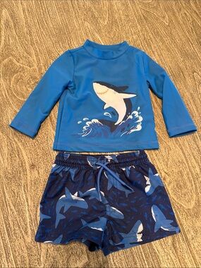 Carter’s Blue Shark Rash Guard Set for Kids - Long Sleeve Swim Top & Shorts